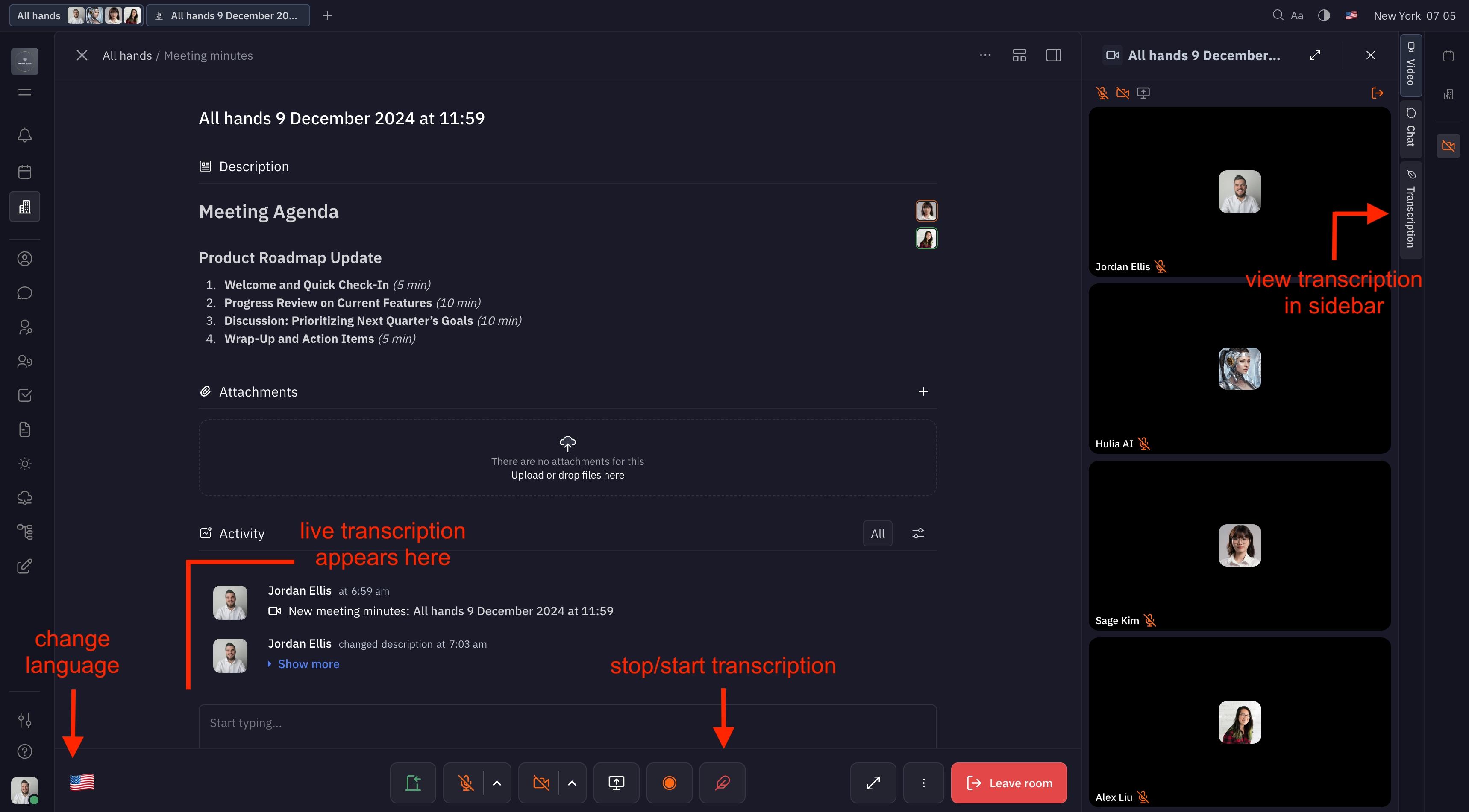 Labeled image indicating settings for live transcription