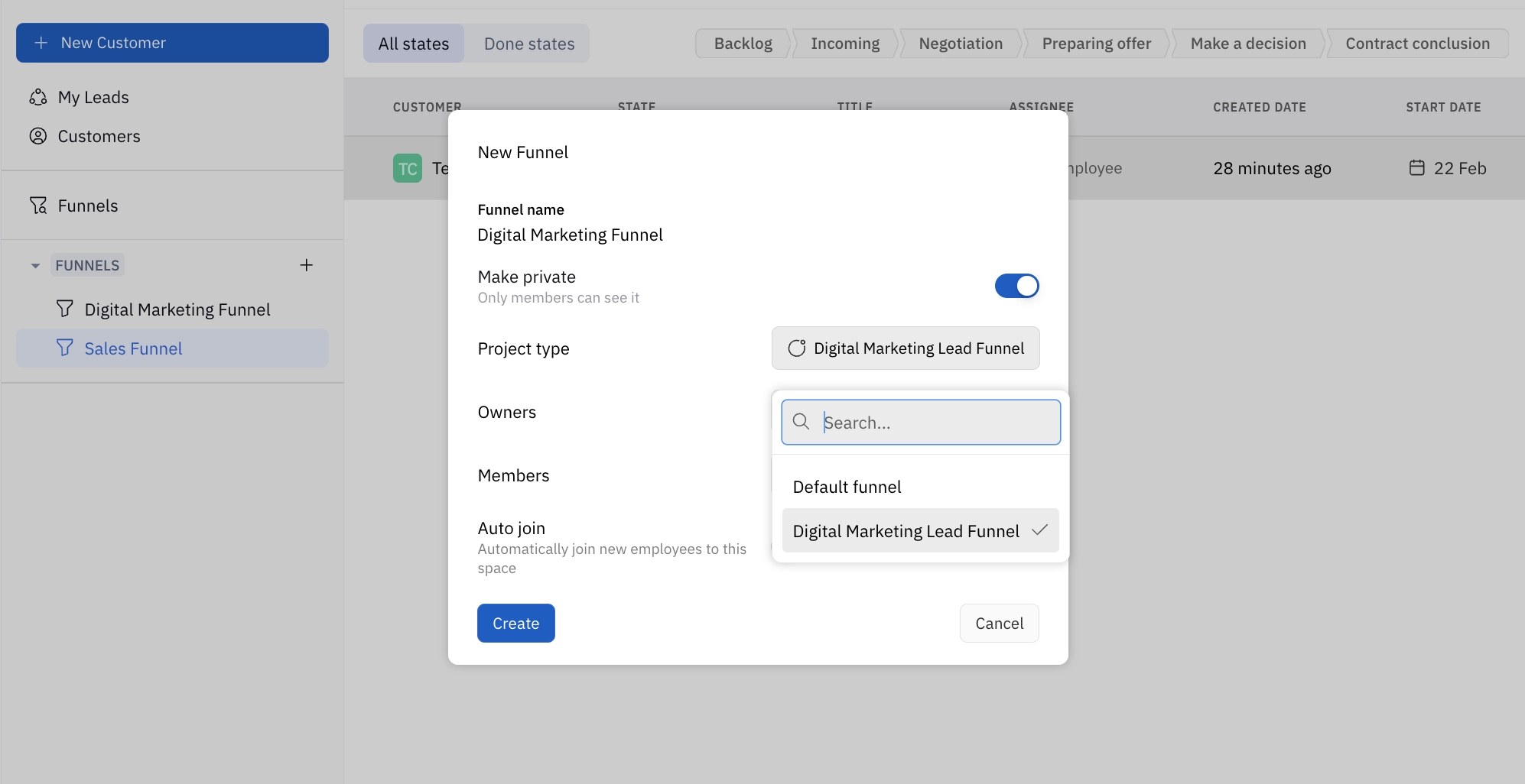 Creating a new funnel