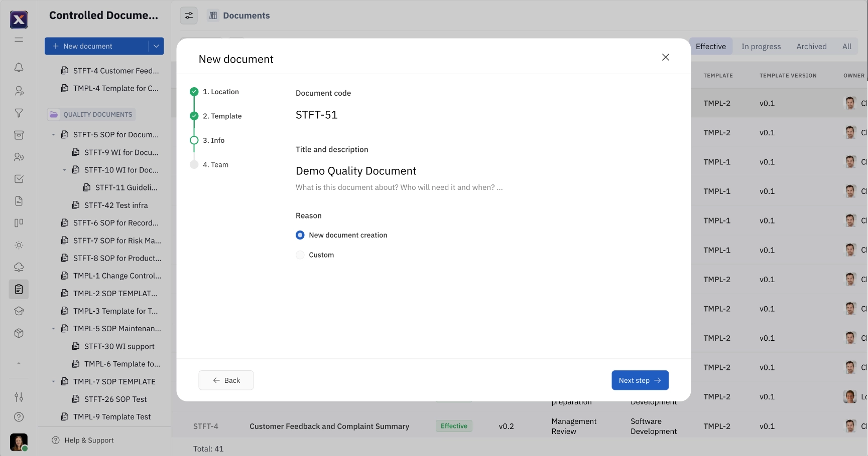 Step 3 for creating a new quality document