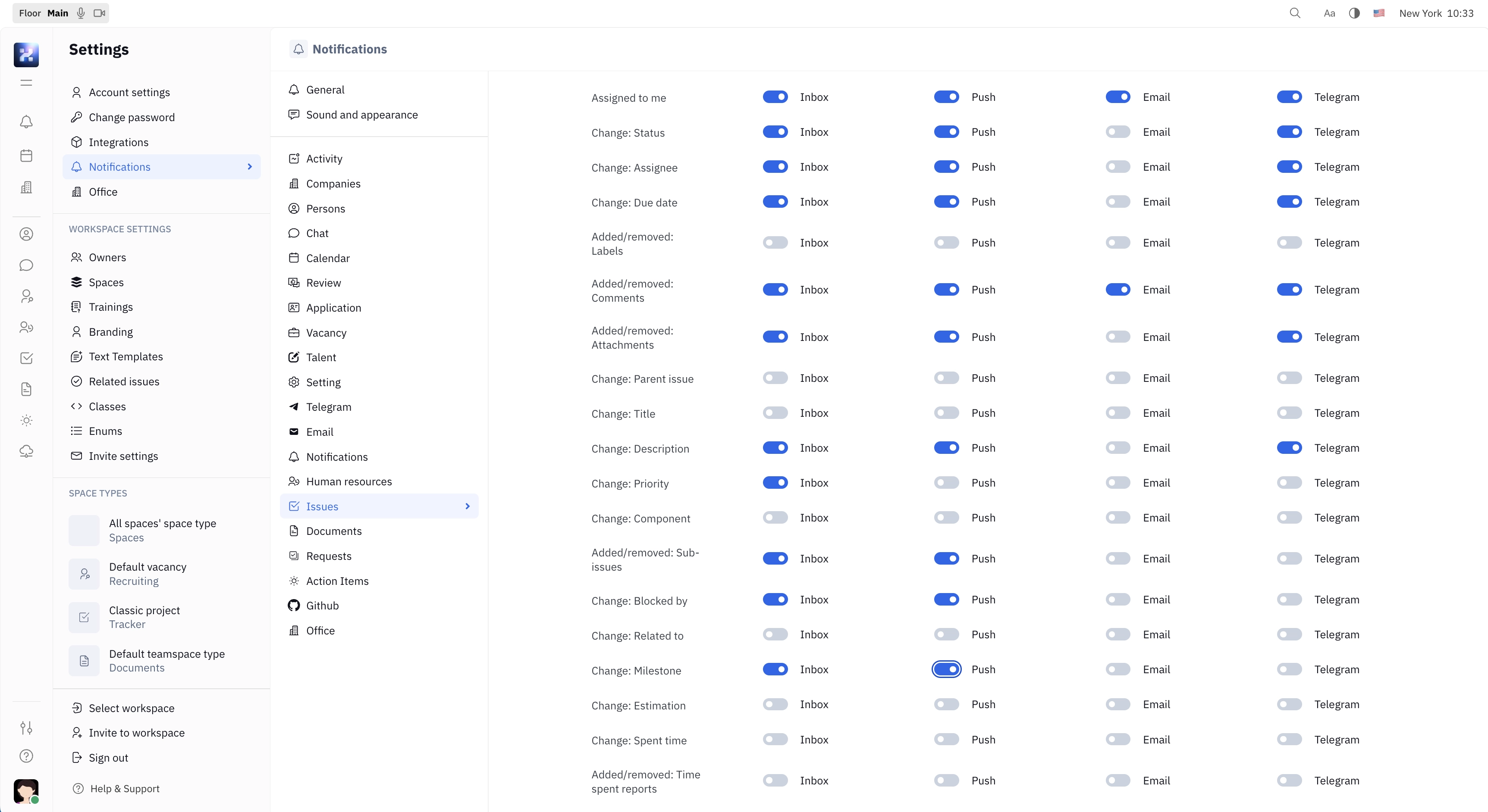 Notifications settings for issue activity