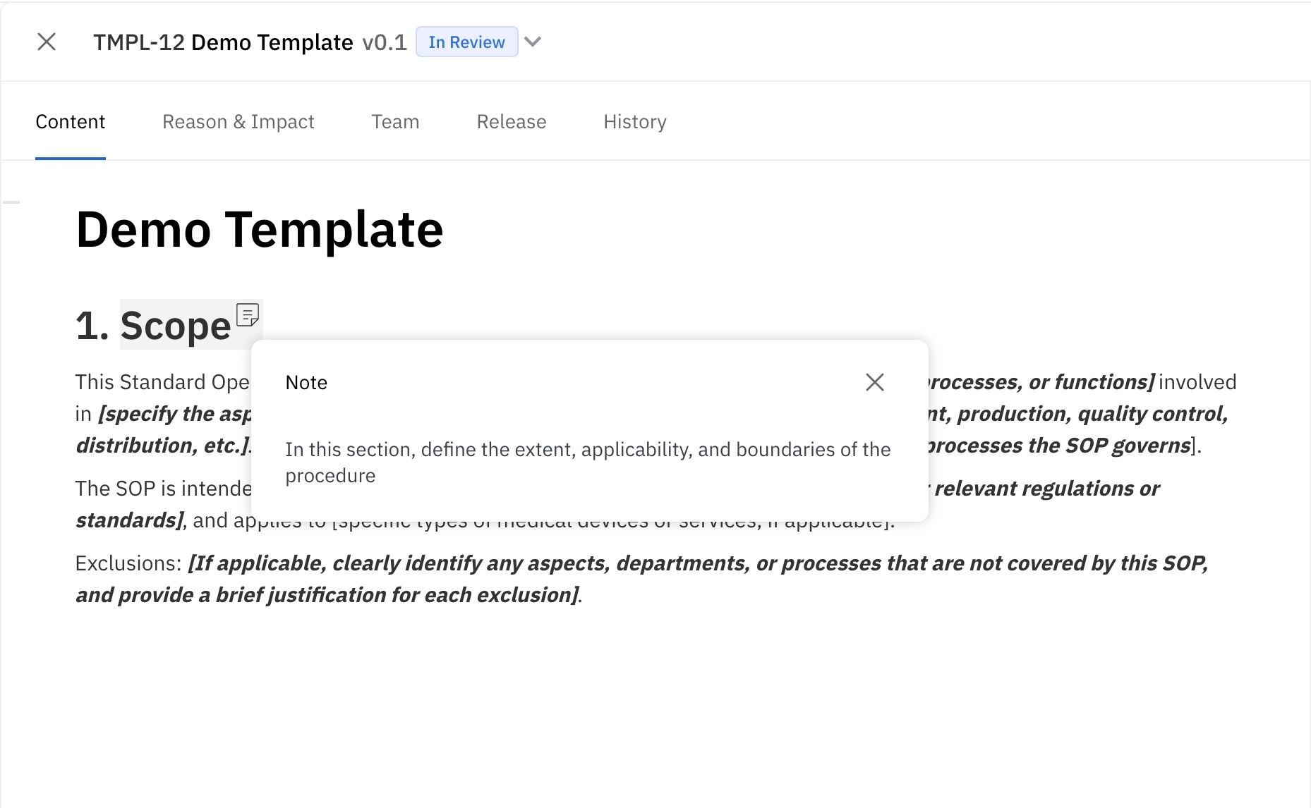 Viewing a note for a template section