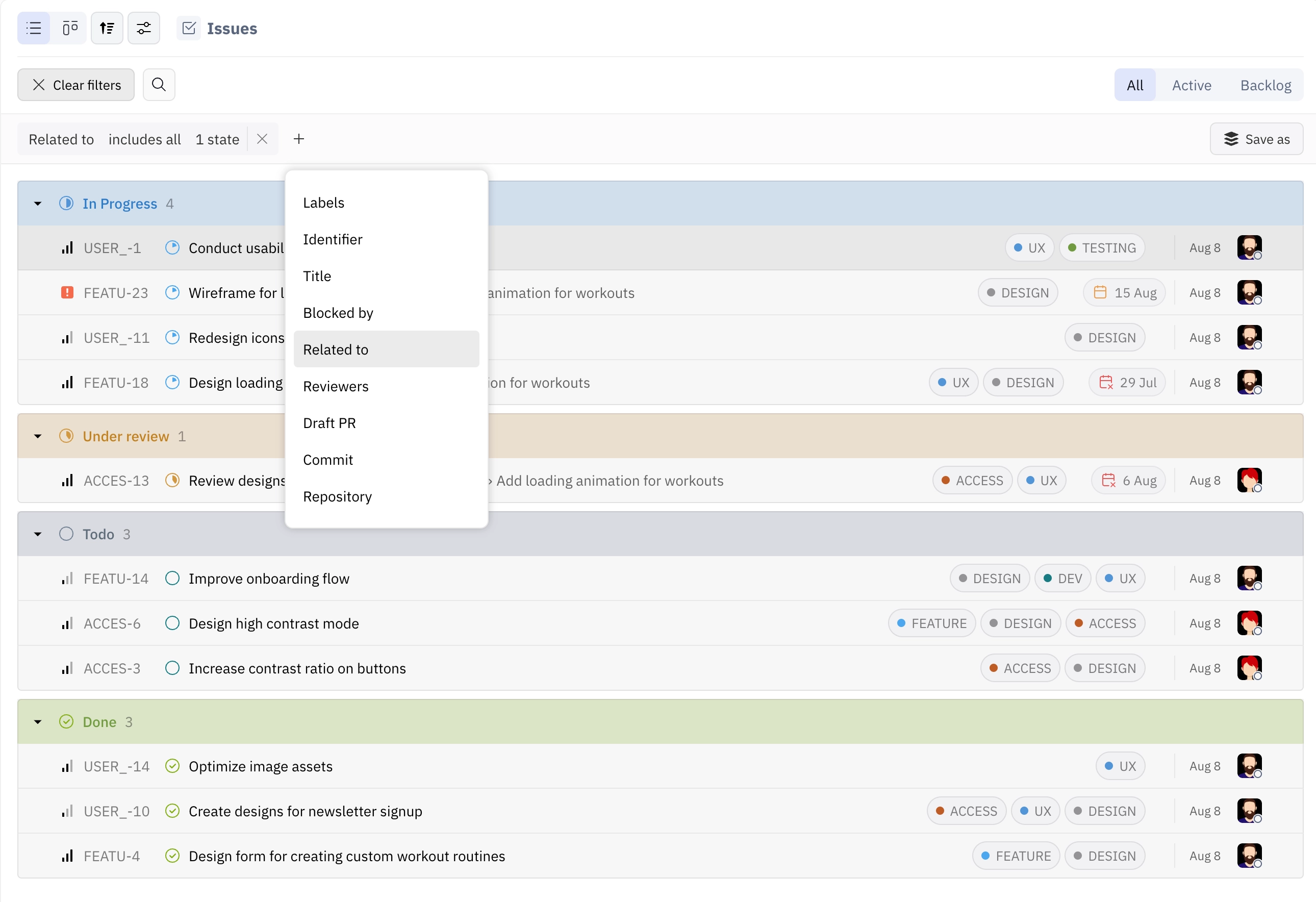 Issues filtered by related status